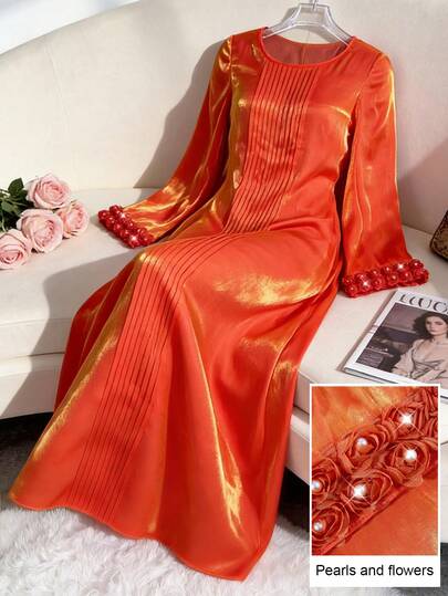 Al Najma Elegant Pleated Cuff Floral Applique Round Neck Loose Flared Robe, Fashionable For Formal Occasions