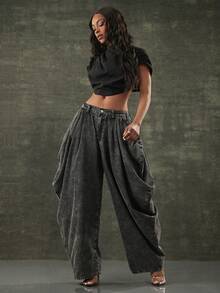 Denimoi Women's Fashionable Ruched Super Loose Fit Jeans - Black - View 1