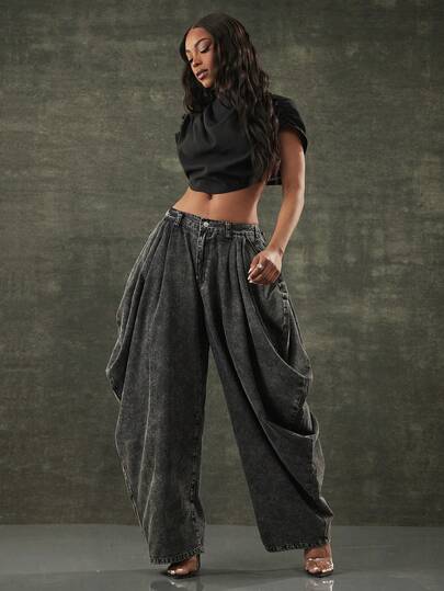 Denimoi Women's Fashionable Ruched Super Loose Fit Jeans