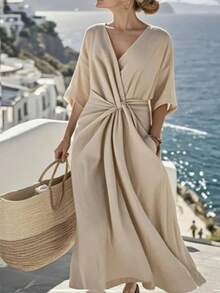 SHEIN Holidaya V领短袖松紧腰扭结长连衣裙，适合春、夏、秋、冬四季穿着，适合通勤、日常穿着，优雅百搭，适合派对、海滩、浪漫、情人节、毕业典礼、时尚休闲、商务、办公等场合。 - 杏色 - 查看 1
