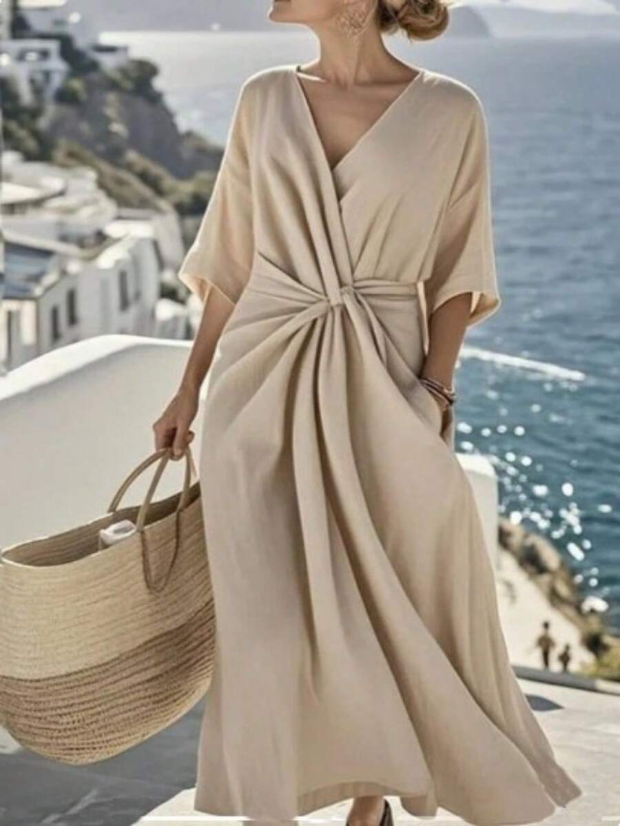 SHEIN Holidaya V领短袖松紧腰扭结长连衣裙，适合春、夏、秋、冬四季穿着，适合通勤、日常穿着，优雅百搭，适合派对、海滩、浪漫、情人节、毕业典礼、时尚休闲、商务、办公等场合。 - 杏色 - 查看 1