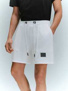 Driftmere Men Letter Patched Drawstring Waist Shorts - White - View 3