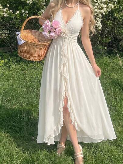 SHEIN MOD 女士时尚优雅浪漫露背吊带3D立体花卉连衣裙