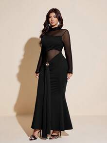 Viva Relle Plus Size Black Mesh Patchwork Long Sleeve Dress,Elegant Formal Evening Autumn Women's Slim-Fit Waist-Cinched Bodycon Fishtail Dress,Formal Minimalist - Black - View 3