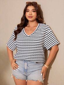 Elaquor Plus Size Women Summer Casual Striped Short Sleeve T-Shirt , Beach Vacation - Multicolor - View 5