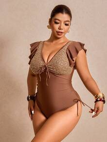 Elaquor Plus Size Women's Sequin Patchwork Front Tie Ruffle Sleeve One-Piece Swimsuit Summer Beach Vacation - Coffee Brown - View 7