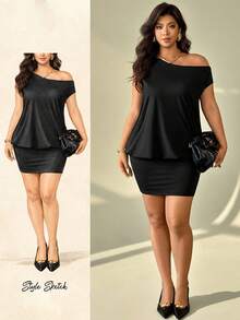 现代外向年轻女士不对称肩短袖紧身迷你连衣裙，大码性感包臀夜店装，紧身露背鸡尾酒会礼服，大码休闲不对称肩宽松户外连衣裙 - 黑色 - 查看 1