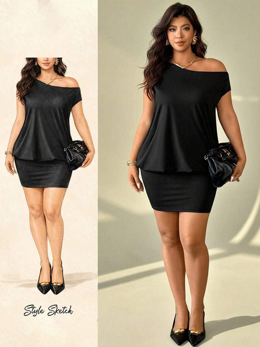 现代外向年轻女士不对称肩短袖紧身迷你连衣裙，大码性感包臀夜店装，紧身露背鸡尾酒会礼服，大码休闲不对称肩宽松户外连衣裙 - 黑色 - 查看 1
