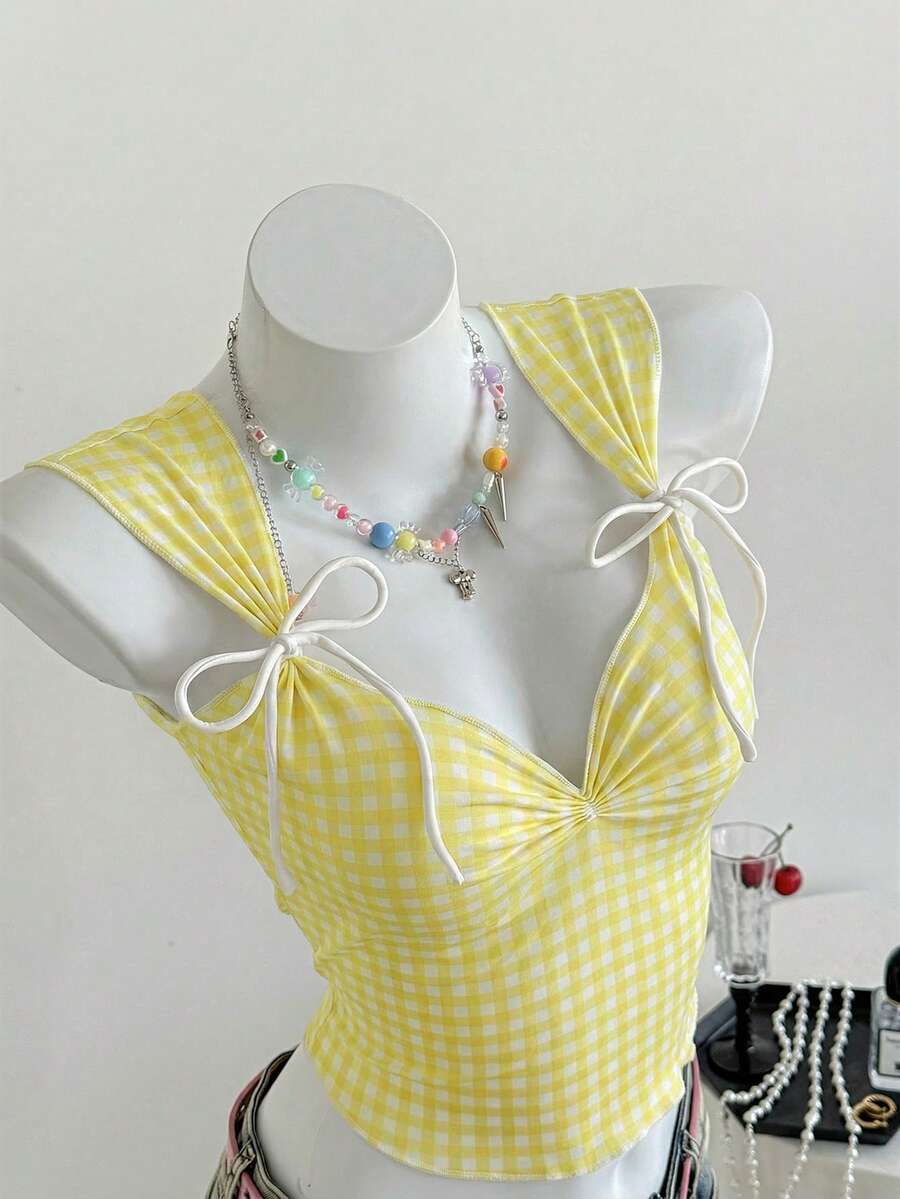 SHEIN EZwear 格子系带心形领修身露脐背心（女款） - 黃色 - 查看 1