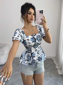 SHEIN Elenzya Women's White And Blue Floral Square Collar Puff Sleeve Waist Cinched A-Line Blouse,Elegant Summer Tea Party French Retro Short Sleeve Fashion Top - Multicolor - View 6
