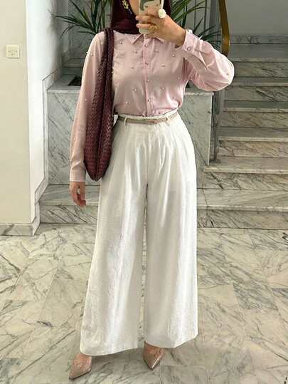 Mulvari Quần ống rộng màu trơn thời trang, đa năng dành cho nữ, thích hợp đi làm.