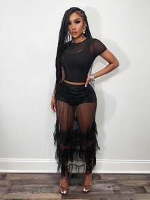 Mistrie Sheer Mesh Sexy Black Short Sleeve T-Shirt, Mesh Splice Round Neck Fitted Cropped Top, Spicy Girl Minimalist Sexy Style Tight Midriff-Revealing Undershirt/Outerwear - Black - View 12