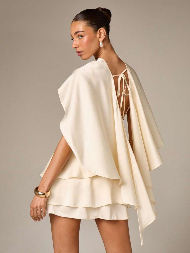 AiiRZ Women's Off-Shoulder Cape Sleeve Tiered Ruffle Mini Dress With Lace-Up Back Detail For Evening Party Wedding Guest Occasions