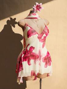 SHEIN ICON 大码女式印花优雅吊带连衣裙 - 白色 - 查看 5