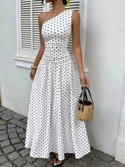 Elenzga Women's New Polka Dot Print Asymmetric Sleeveless Casual Vacation White Dress, Elegant & Romantic