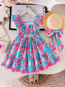 SHEIN Elladie kids 少女热带度假风荷叶边蝴蝶结装饰连衣裙，编织款，假日，夏季，旅行 - 粉色 - 查看 2