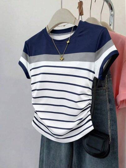 Franclia Women's Outdoor Casual Blouse, Summer New Arrival. Outdoor Leisure Elegant Style, Patterned Design, Multi-Color Striped Print, Blue, White, Slim Waist Fit, Back To School, Teacher's Day, Women's T-Shirt