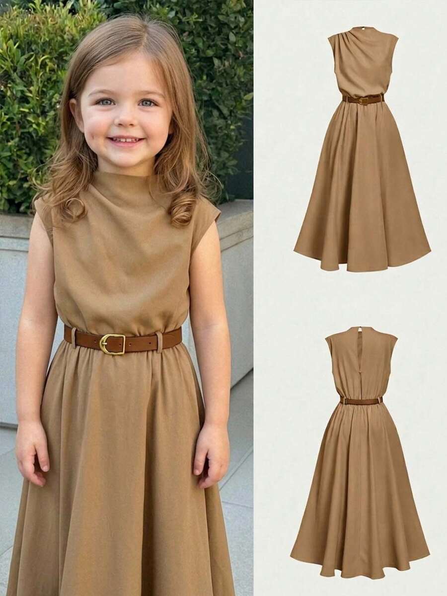 Firerie Kids Firerie Kids 年轻女孩休闲时尚通勤立领喇叭腰身卡其色A字连衣裙 - 卡其色 - 查看 1