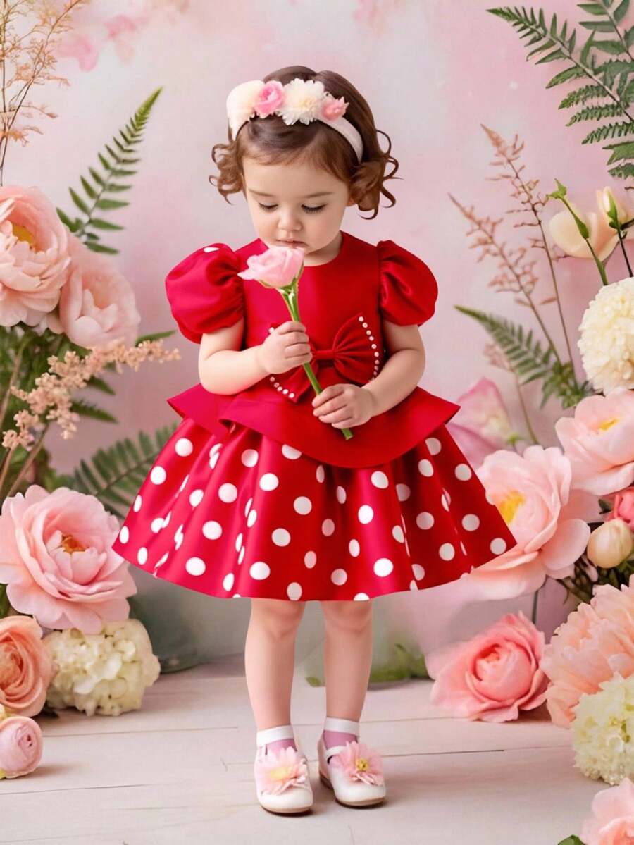 Glamorique Kids Đầm công chúa satin chấm bi tay cánh hoa cho bé sơ sinh và trẻ nhỏ - Màu Đỏ Sâu - Xem 1