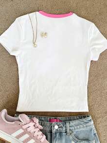 Glimmora 阳光之吻T恤，复古粉色棕榈树夏日风圆领修身短款女款T恤 - 白色 - 查看 2