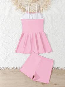 SHEIN 女童黑白镂空吊带泳衣套装，中长款吊带泳裙和泳裤两件套 - 粉色 - 查看 2