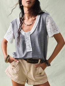 SoleilVie 女士蕾丝休闲百搭日常短袖T恤 - 灰色 - 查看 1