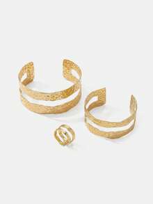 Lumivelle 1set European & American Fashion Hollow Asymmetrical Shape Bangle Bracelet And Ring Set For Women - Gold - View 3