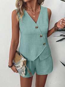 EMERY ROSE Women's Solid Color Single-Breasted Vest And Shorts Casual 2 Pieces Set - Teal Blue - View 4