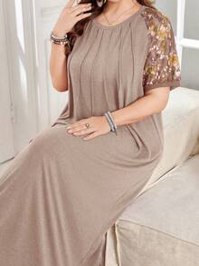 Lacomfia Women's Round Neck Short Sleeve Lace Floral Print Patchwork Trim Casual Loose Comfortable Versatile Plus Size Dress - Brown - View 4