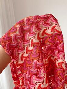 Comfortcana Women's Casual Hollow-Out Asymmetric Collar Knit T-Shirt - Hot Pink - View 7