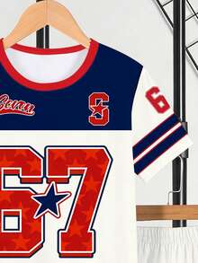 Conjunto informal de camiseta de manga corta y pantalones cortos con estampado 67 para adolescentes - Multicolor - Ver 5