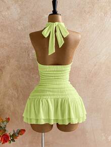 Soleia 白色露背扭结修身迷你连衣裙，金属配饰，贝壳装饰，适合秋冬季海滩度假穿着。 - 綠色 - 查看 2