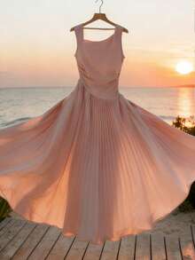 GlowEve Women's Elegant Vacation Flowy Draped Neck Ruched Waist A-Line Dress, Spring/Summer - Pink - View 1