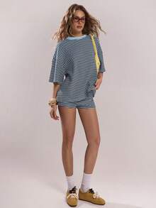 SHEIN BAE Women's Striped Casual Versatile Daily Wear Shorts - Blue - View 4