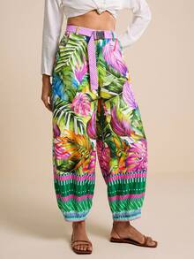 LOTSLUV Women's Floral Tropical Palm Leaf Print Harem Pants With Magenta Belt, Summer Boho Beach Vacation Holiday Tropical, Whimsical Trousers - Green - View 5