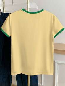 Resyla 女士撞色水果刺绣短袖休闲圆领T恤 - 鵝黃色 - 查看 2
