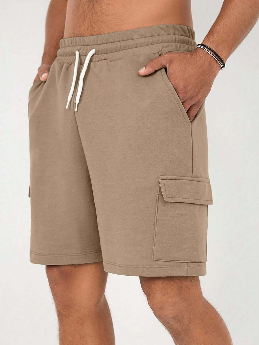 EURMUSE Men's Solid Color Drawstring Shorts With Pockets For Summer - Beige - View 1