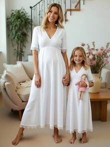 SHEIN Maternity Casual V-Neck Lace Patchwork Dress - White - View 11