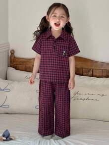 Dazy Kids Girls (Small) Plaid Short Sleeve Pants Pajamas, Spring/Summer - Purple - View 4