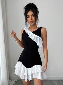 Elenzga Vestido de fiesta ajustado con escote en V, volantes y diseño de patchwork romántico y elegante en blanco y negro para mujer - Blanco y Negro - Ver 8