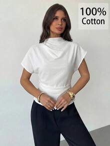 Firerie Áo kiểu nữ màu mơ, chất liệu sợi tre, vải lanh, phù hợp cho mọi mùa, cổ nhăn, tay áo bất đối xứng, xếp ly bên hông và thắt eo. - trắng - Xem 7