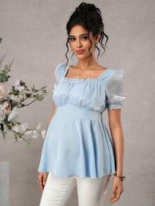 Momance 荷叶边孕妇衬衫，方领，双层设计，A字下摆，荷叶边上衣 - 淺藍色 - 查看 4