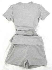 Glimmora 女士休闲两件套，灰色，圆领，舒适休闲服，适合春夏日常休闲穿着 - 淺灰色 - 查看 2