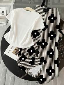 Teen Girl Summer Casual Short Sleeve T-Shirt & Striped Pants Set - Multicolor - View 2