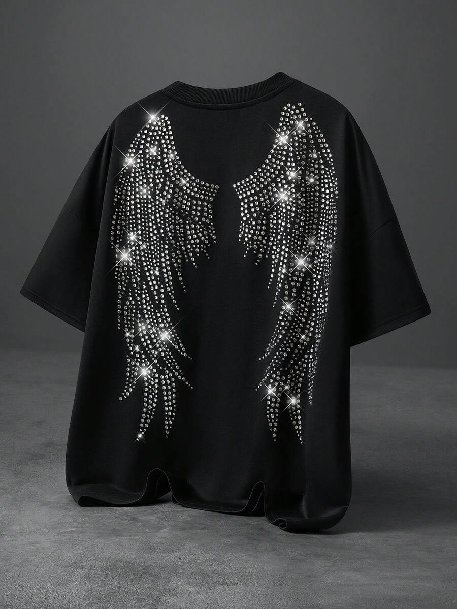 PAVTROS Men's Rhinestone Wing Graphic Round Neck Loose Casual Short Sleeve T-Shirt - Black - View 1