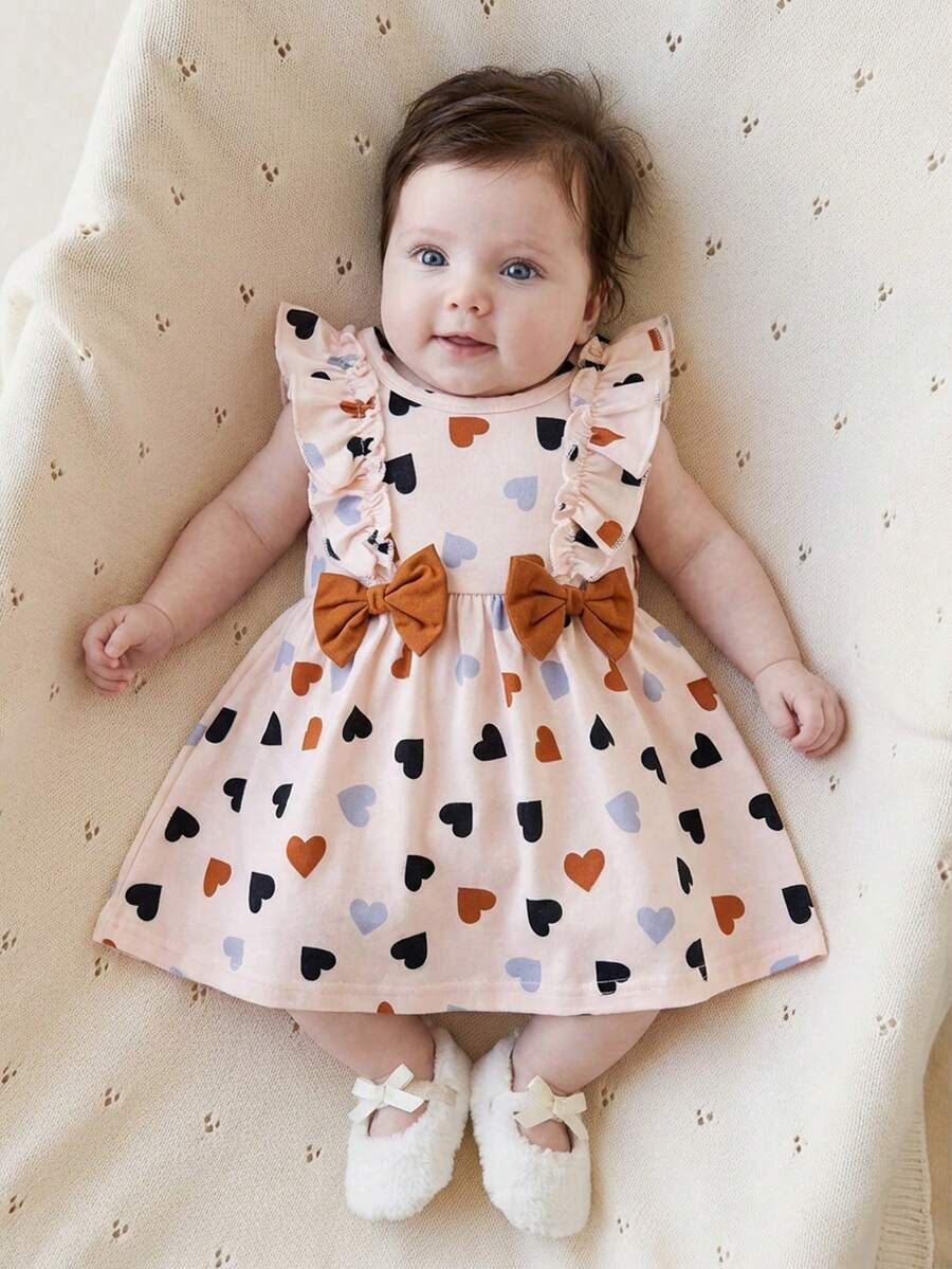 SHEIN Newborn Baby Girls Elegant Cute Heart Pattern Print Bow Decor Ruffle Hem Sleeveless Dress, Suitable For Spring/Summer, Photo Shoot, Wedding, Party, Daily Wear - Multicolor - View 1