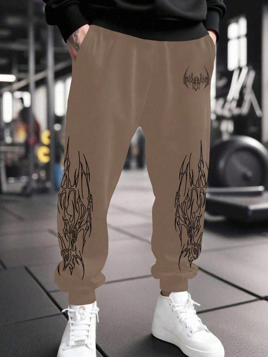 GymBeat 男士哥特风印花运动裤 - 卡其色 - 查看 1
