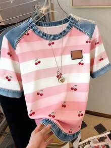 Resyla 休闲时尚女式T恤，牛仔布拼接，条纹樱桃数码印花，圆领 - 粉色 - 查看 5