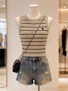 GlowEve Women's Casual Striped Print Round Neck Tank Top - Khaki - View 3