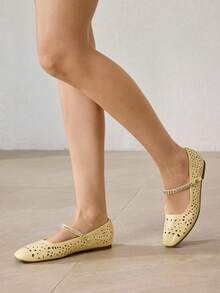 MOTF ZAPATOS TIPO MARY JANE PARA MUJER CON TACÓN CUADRADO HUECO ADORNADO CON CRISTALES ESTILO RETRO, TRANSPIRABLES Y CÓMODOS PARA USO CASUAL Y ELEGANTE, TIPO MOCASÍN DE FÁCIL PUESTA - Amarillo ganso - Ver 8